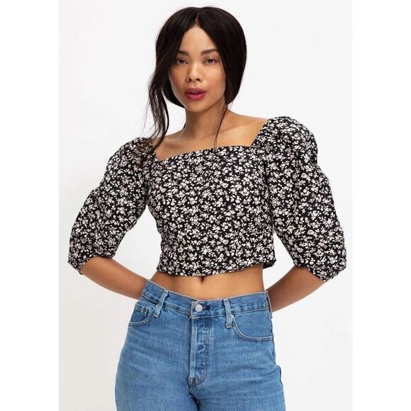 Levi's Black + White Floral Print Statement Shirred Back Blouse - Large - Picture 8 of 8